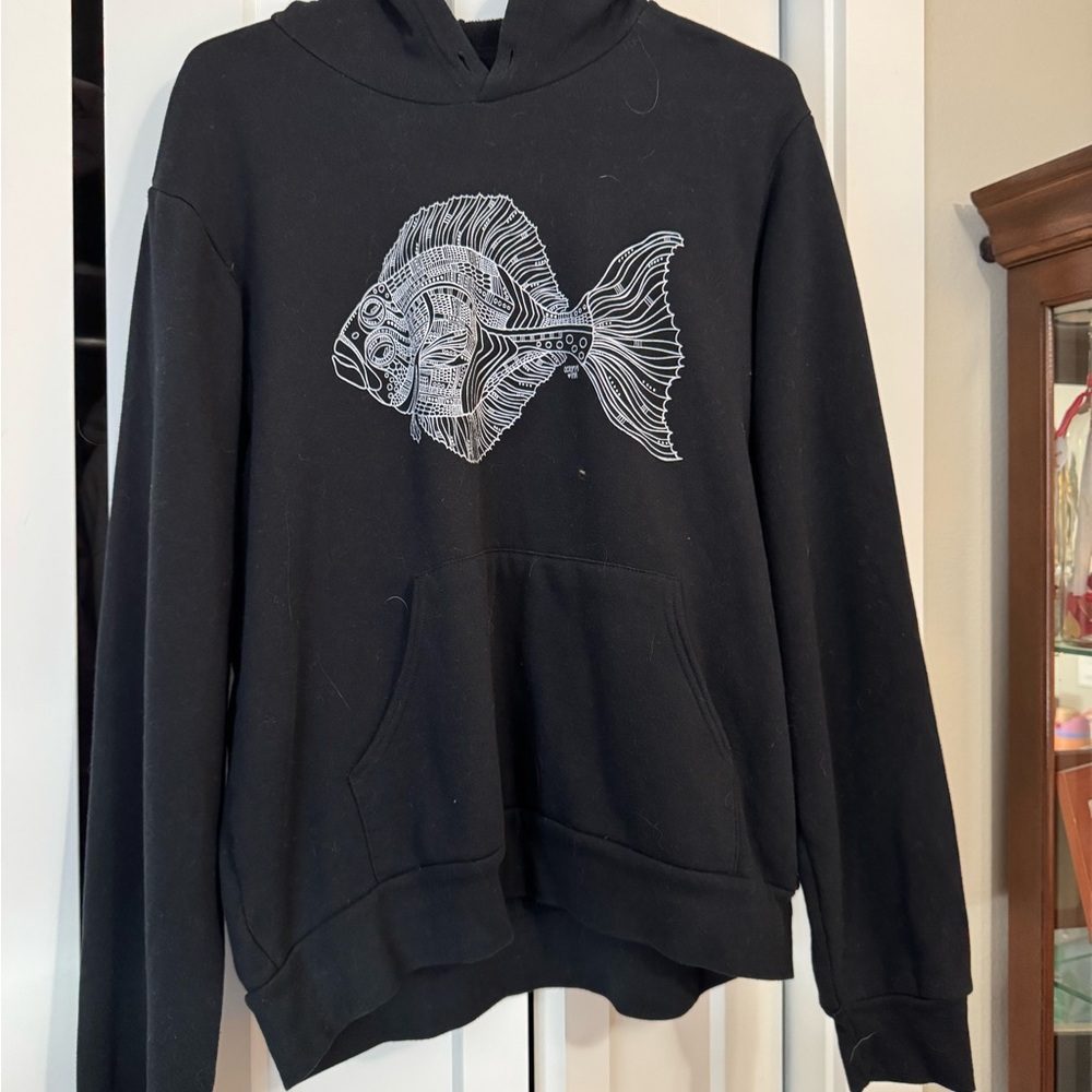Octopus Ink Black Hoodie with Halibut Design